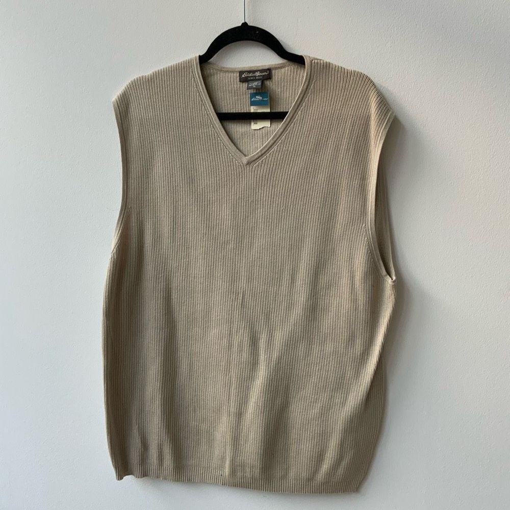 Eddie Bauer Men's Tan V-neck Knitted Ribbed Sweater Vest Size XL NWT